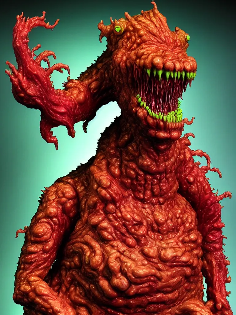 Image similar to hyperrealistic rendering, fat smooth wet cronenberg flesh monster smooth kaiju by art of skinner and richard corben and jeff easley, product photography, action figure, sofubi, studio lighting, colored gels