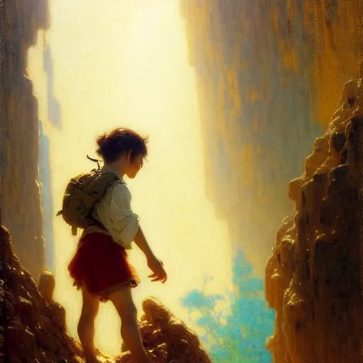 Prompt: a gaston bussiere's film still portrait of child hiker finding a city inside a cava, finely detailed features, closeup at the faces, sun, water, perfect art, gapmoe yandere grimdark, trending on pixiv fanbox, painted by greg rutkowski makoto shinkai takashi takeuchi studio ghibli, gaston bussiere