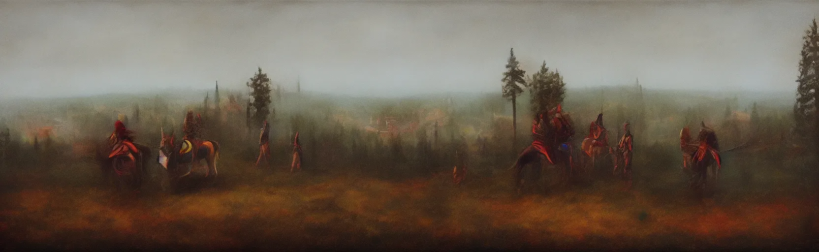 Image similar to horseback knights at scenic overlook; cloudy, grey skies, walled fort city deteriorating office buildings in background on hill; forest; la Bastille, post apocalyptic, grungy; oil on canvas, colorful, artstation