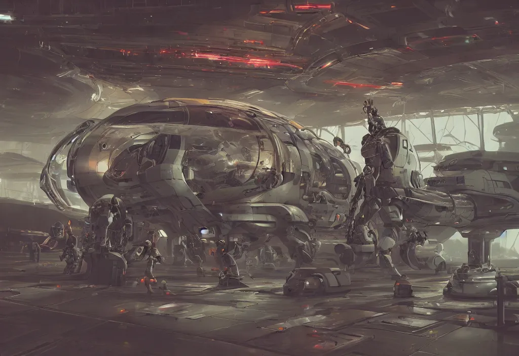 Image similar to futuristic space captain in a hangar, cyborg, Detailed, 8k, sci-fi, panel, concept, simon stalenhag ,syd mead, insane detail, ash thorp, kyza, cyberpunk, collection