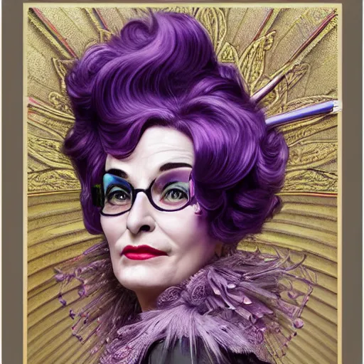 Image similar to amazing lifelike award winning pencil illustration of dame Edna everage purple hair trending on art station artgerm Greg rutkowski alphonse mucha cinematic