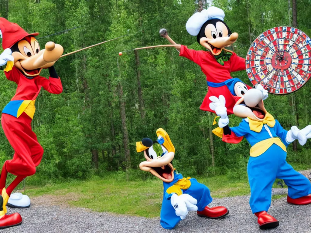 Prompt: disney's goofy playing darts in front yard of finnish summer cabin