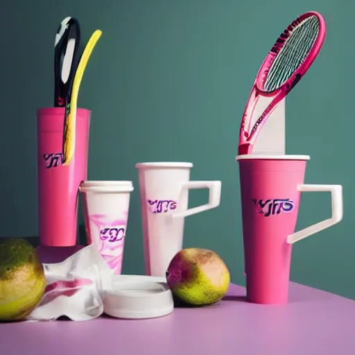 Image similar to three cups of yougurt jats next to a tennis racket, a stock photo by pia fries, trending on pinterest, lyco art, y 2 k aesthetic, vaporwave, aesthetic, side view