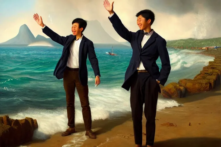 Prompt: ( ( a beautiful 8 k photorealistic masterpiece oil painting ) ( of ( young professor who is leaving the mainland to go to a new island, waving happily to the mainlanders ) ( ships sinking, hurricanes and wild fires in in the background ) ) ( hyperrealism ) ( 1 6 k ) ( trending on artstation )
