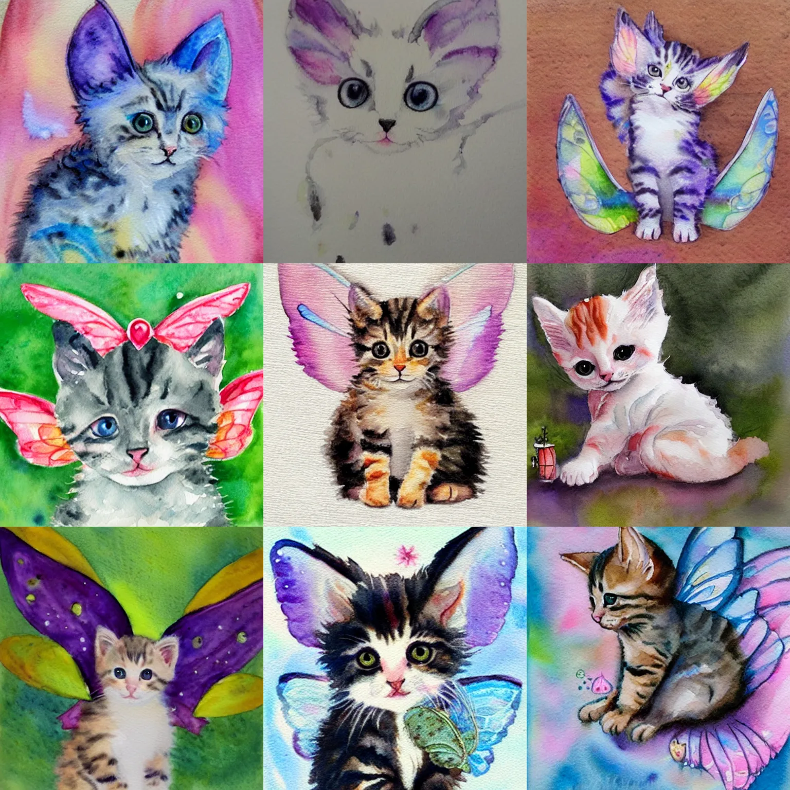 Prompt: adorable kitten with fairy wings, watercolor