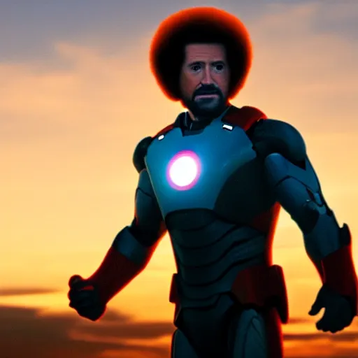 Image similar to a still of Bob Ross as Ironman. Magic Hour. Professional photography, 4K. Mood