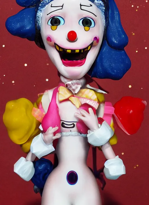 Prompt: a hyperrealistic lowbrow oil panting of a sad clown kawaii vocaloid figurine caricature with pretty sparkling anime eyes ugly crying with big tears running down her face featured on wallace and gromit by arthur szyk