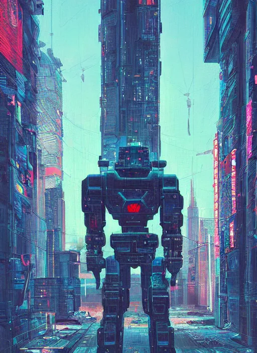 Image similar to a painting of a giant robot standing in front of a city, cyberpunk art by beeple art by james jean, behance contest winner, nuclear art, dystopian art, apocalypse art, sci - fi