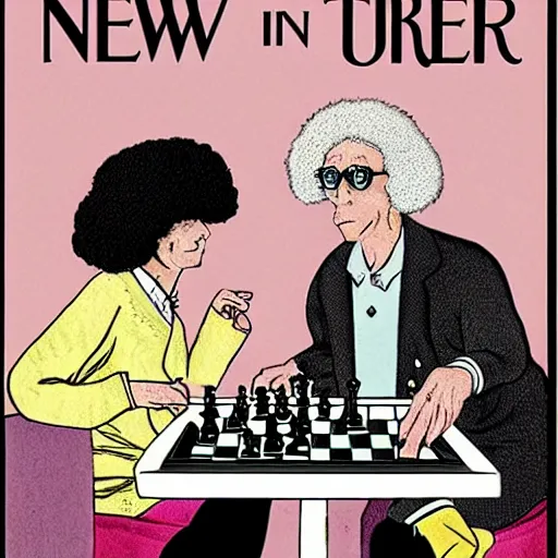 Image similar to two elderly poodles wearing sweater vests playing chess in the style of a New Yorker magazine cover