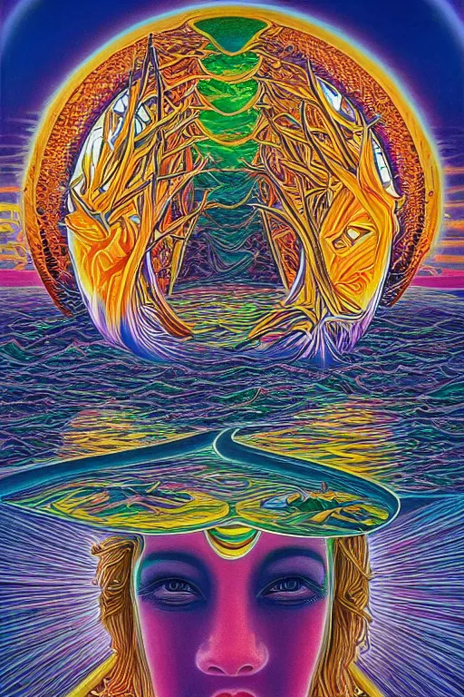 Prompt: beautiful matte solarpunk lake and vision by alex grey