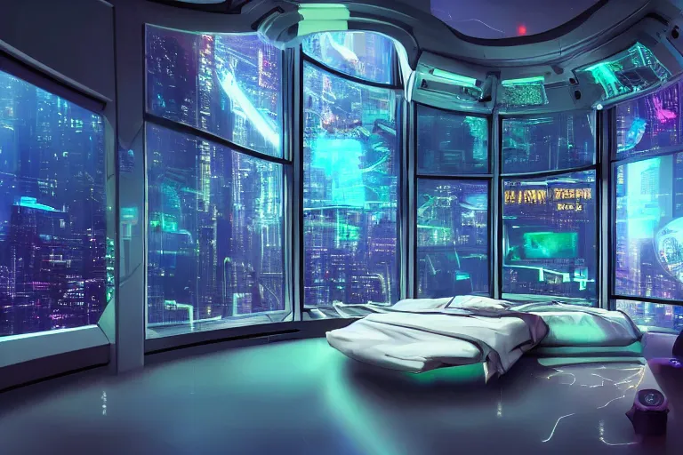 Image similar to a futuristic bedroom with large curved ceiling high windows looking out to a far future cyberpunk cityscape, cyberpunk neon lights, raining, scifi