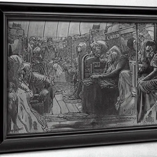 Image similar to artwork by Franklin Booth showing Babylon by bus