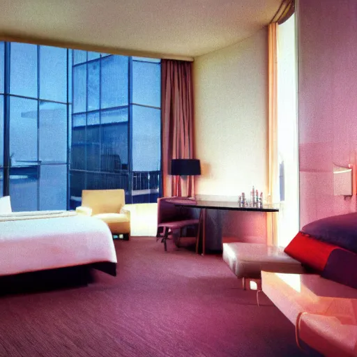 Image similar to a hotel room from the future where the bed is a tank, 45mm 1967