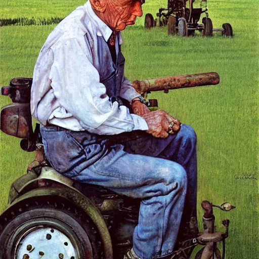 Prompt: high quality high detail painting by norman rockwell, hd, old man on tractor, big eyes, muted pastel colors, photorealistic lighting