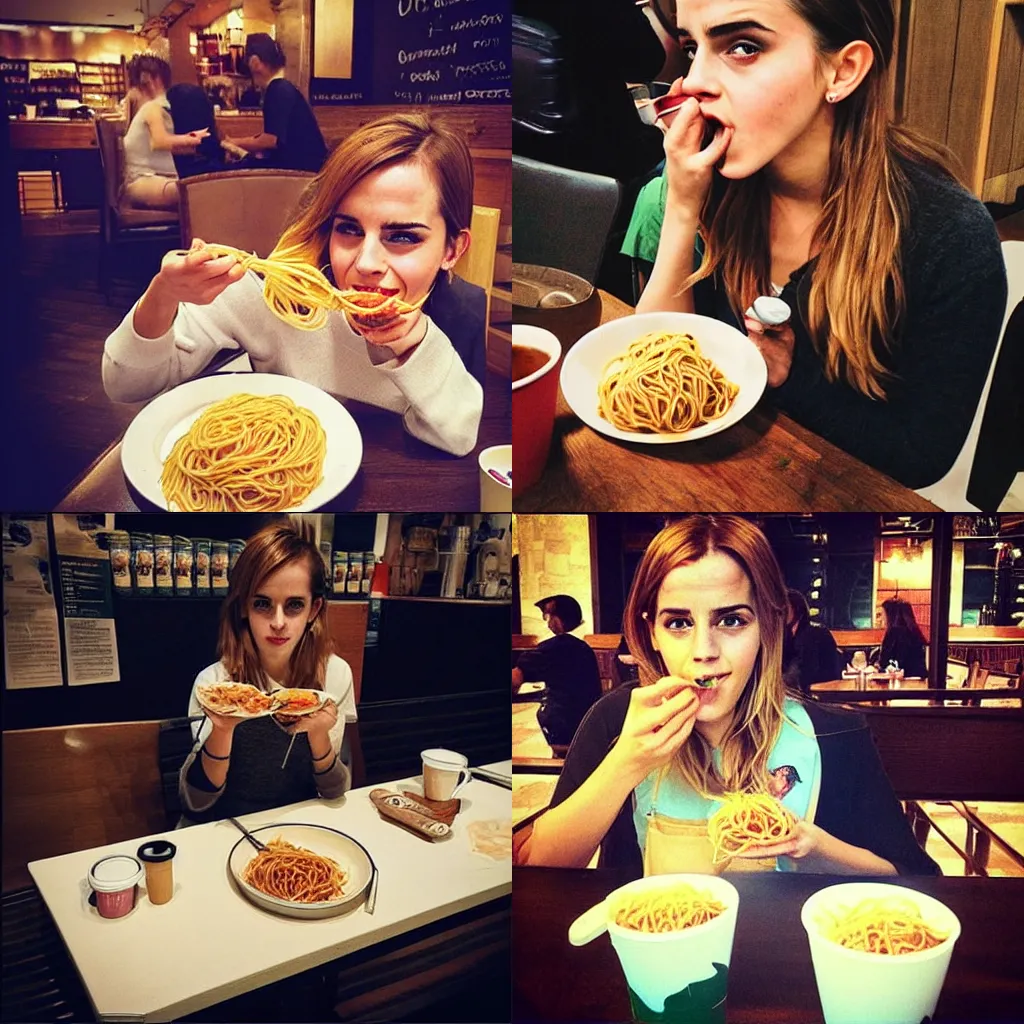 Prompt: “emma watson eating spaghetti in a Starbucks”