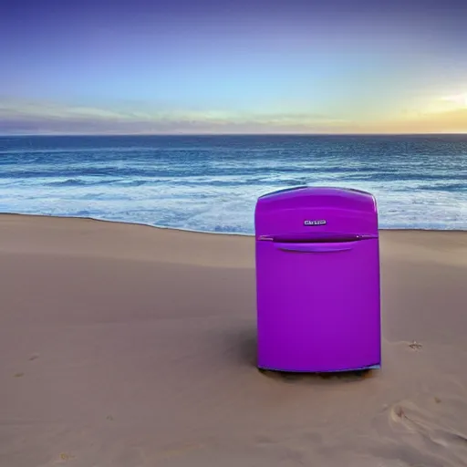 Image similar to purple refrigerator on a beach, 4k photo