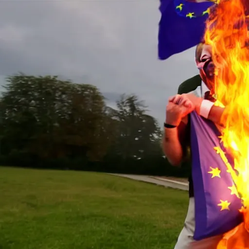 Image similar to nigel farage laughing holding burning eu flag, photograph, hd