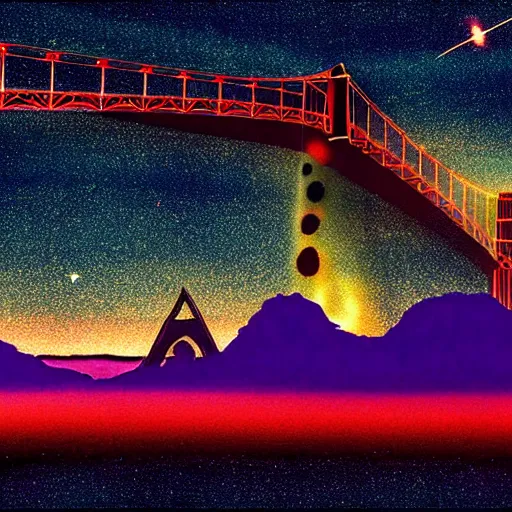 Prompt: WTC Twin Towers with distant Golden Gate Bridge in center, glowing black hole in the night sky in front of the Milky Way, red-hooded magicians casting purple colored spells towards the towers, white glowing souls flying out of the towers to the black hole digital painting in the style of The Lord of the Rings
