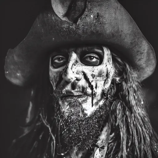 Image similar to masterpiece portrait photo a dirty skull masked hunched old slim pirate lord with a black hat, long beard, long hair, black coat, ragged and torn, wooden inn by torchlight, dslr, cinematic, photography, sigma lens 7 0 mm