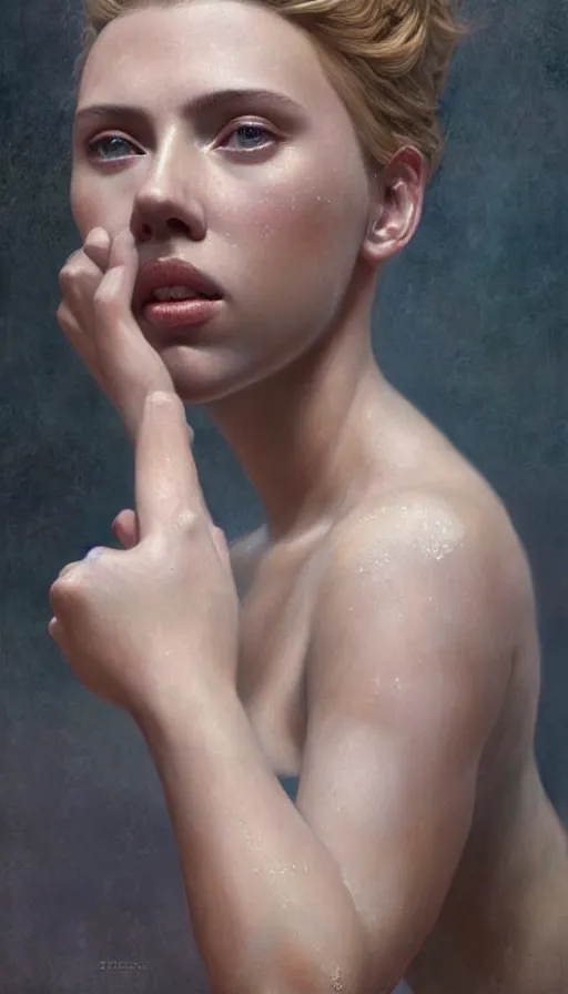 Image similar to epic masterpiece portrait of scarlett johansson, sweaty skin, hyperrealistic, octane render, cinematic, beautiful face and flawless skin, perfect hands, 5 fingers, bronze by Edgar Maxence and Ross Tran and Michael Whelan