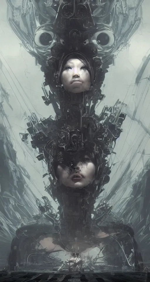 Image similar to dystopian, a dreamland of chinese ukiyo - e, gothic diablo art, rococo art, 4 k post processing. asymmetrical, portrait of an alien with large tubes in face in the style of, ghost in the shell, machine face, intricate, elegant, dramatic lighting concept art by craig mullins and ruan jia and raphael lacoste, trending on artstation