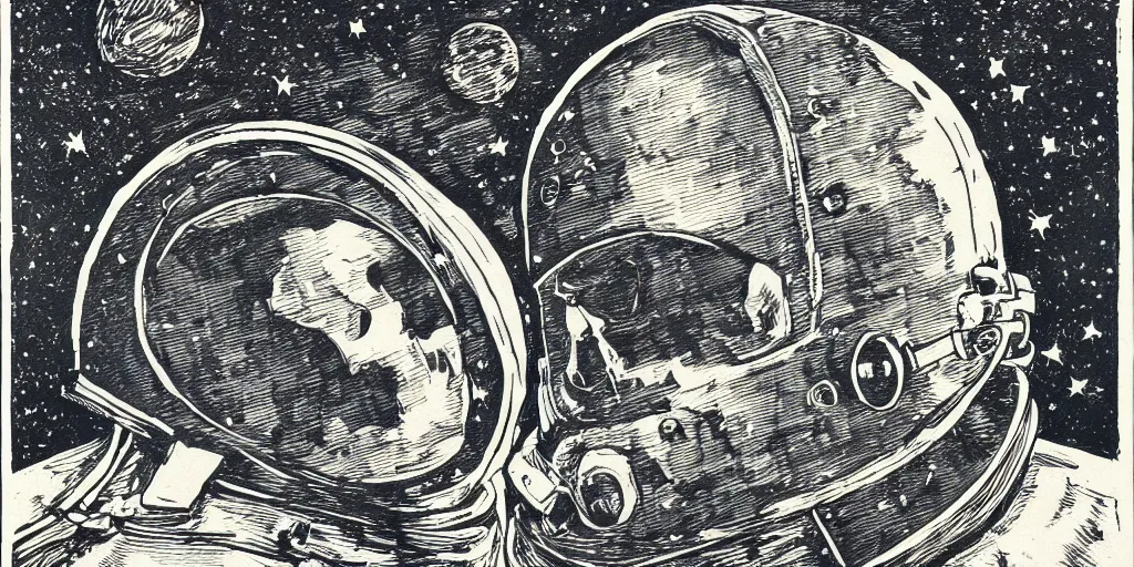 Image similar to etch portrait of a skull wearing a space helmet, in the style of goya etchings, scifi, big clouds visible in the background, stars in the sky, high contrast, deep black tones