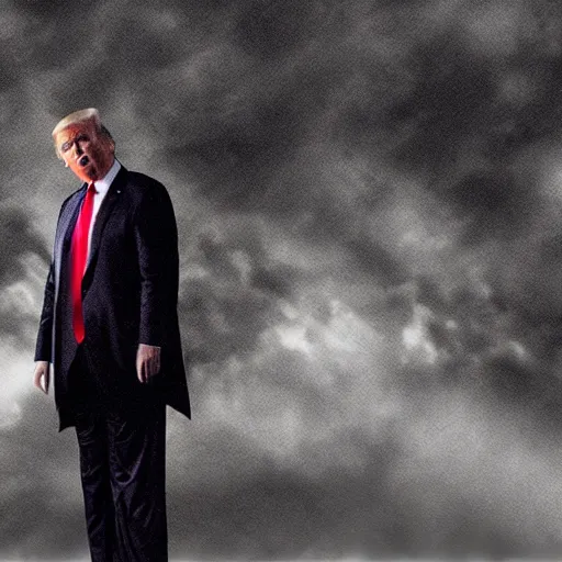 Prompt: still of donald trump as a fat batman. cinematic, god rays through fog