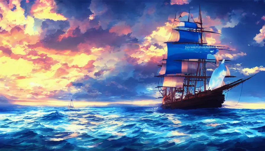 Image similar to one piece ship sailing, dynamic sky, sun sunset, with blue light piercing through clouds, makoto shinkai, royal blue colors, lighting refraction, volumetric lighting, pixiv art, highly detailed, anime art, symmetrical, wlop, anime art