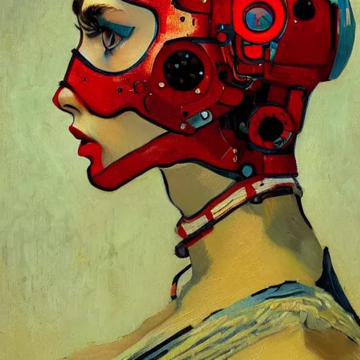 Image similar to Van Gogh portrait painting of a cyborg girl with black and red robotic parts, medium shot, asymmetrical, profile picture, Organic Painting, sunny day, Matte Painting, bold shapes, hard edges, street art, trending on artstation, by Huang Guangjian and Gil Elvgren and Sachin Teng