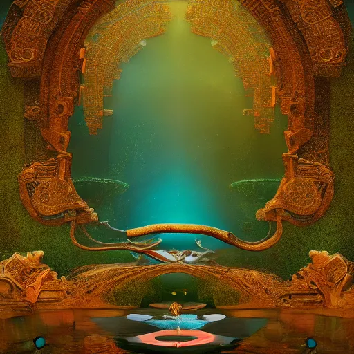 Prompt: beautiful symmetrical an old silent pond angels jump into the pond splash! silence again, surrounded by machine axonometric fantasy intricate elegant highly detailed in volumetric void of latent space lush flowers surround, realm of the gods golden turquoise steampunk, high contrast cinematic light, mystical shadows, octane render, photographic, concept art, art high renaissance art, unreal engine 8 k