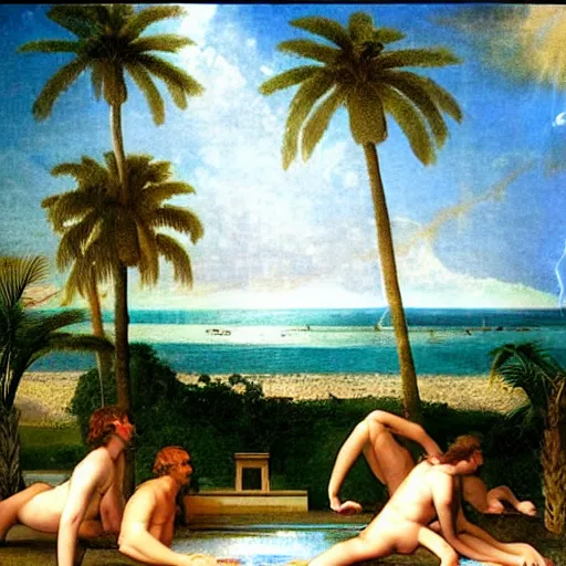 Image similar to Balustrade party, thunderstorm, greek pool, beach and palm trees on the background major arcana sky, by paul delaroche, magazine photo from 2007, hyperrealistic 8k, very detailed