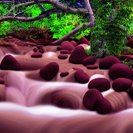 Prompt: chocolate river, flowing off a candy Mountain into a chocolate ocean, lush with gumdrop trees, high detail, 4k