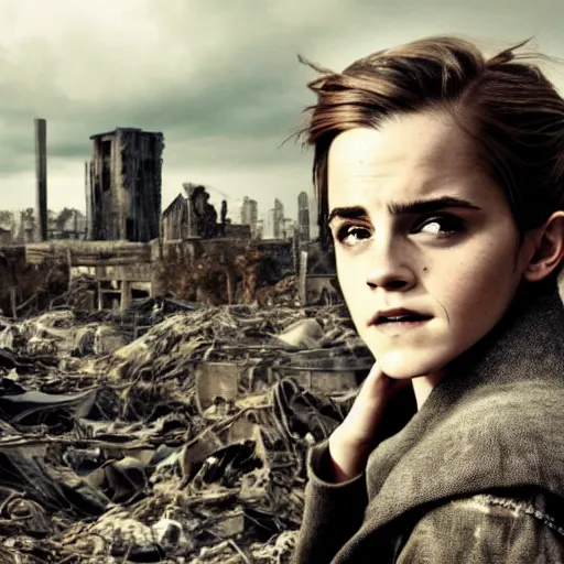 Image similar to concerned and tired emma watson in shredded dirty clothes rags, in the ruins of civilization after the apocalypse, looming city ruins backdrop, hd photo, high detail