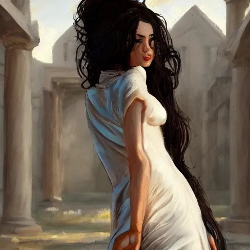 Prompt: Greek goddess posing for painter, sun light, trending on artstation, black hair, white coat, messy hair, palace in the background