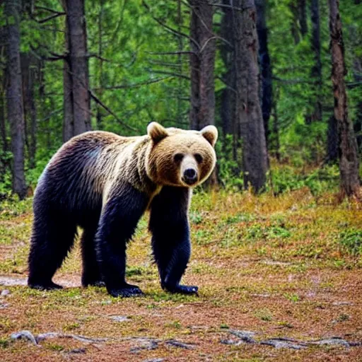 Image similar to a bear walking in the forrest. the bear is gigantic