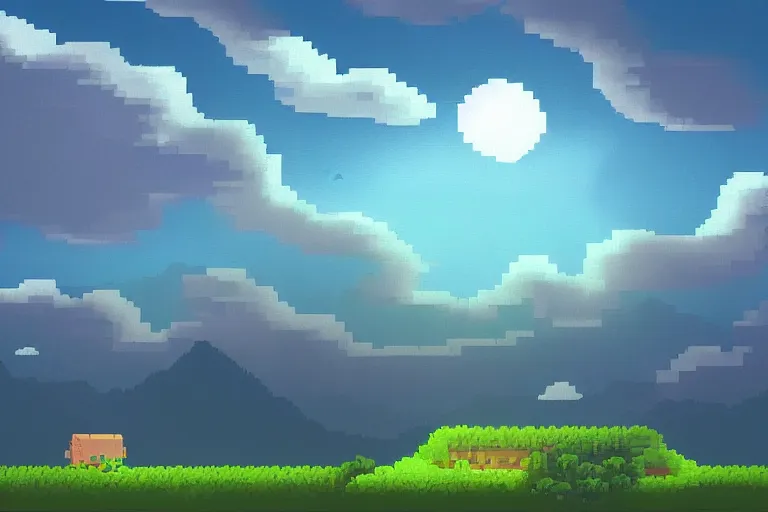 Prompt: landscape, evening, beautiful cloud, beautiful sky, quiet, no people, trending on artstation, trending on deviantart, pixelart, pixelperfect, pixel art, pixel, art of angrysnail, pixel game