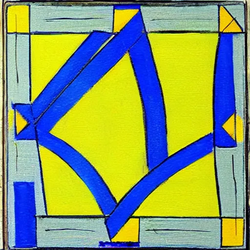 Prompt: painting, four rectangle and one triangle shapes, in blue, in yellow, in green, divided by black lines