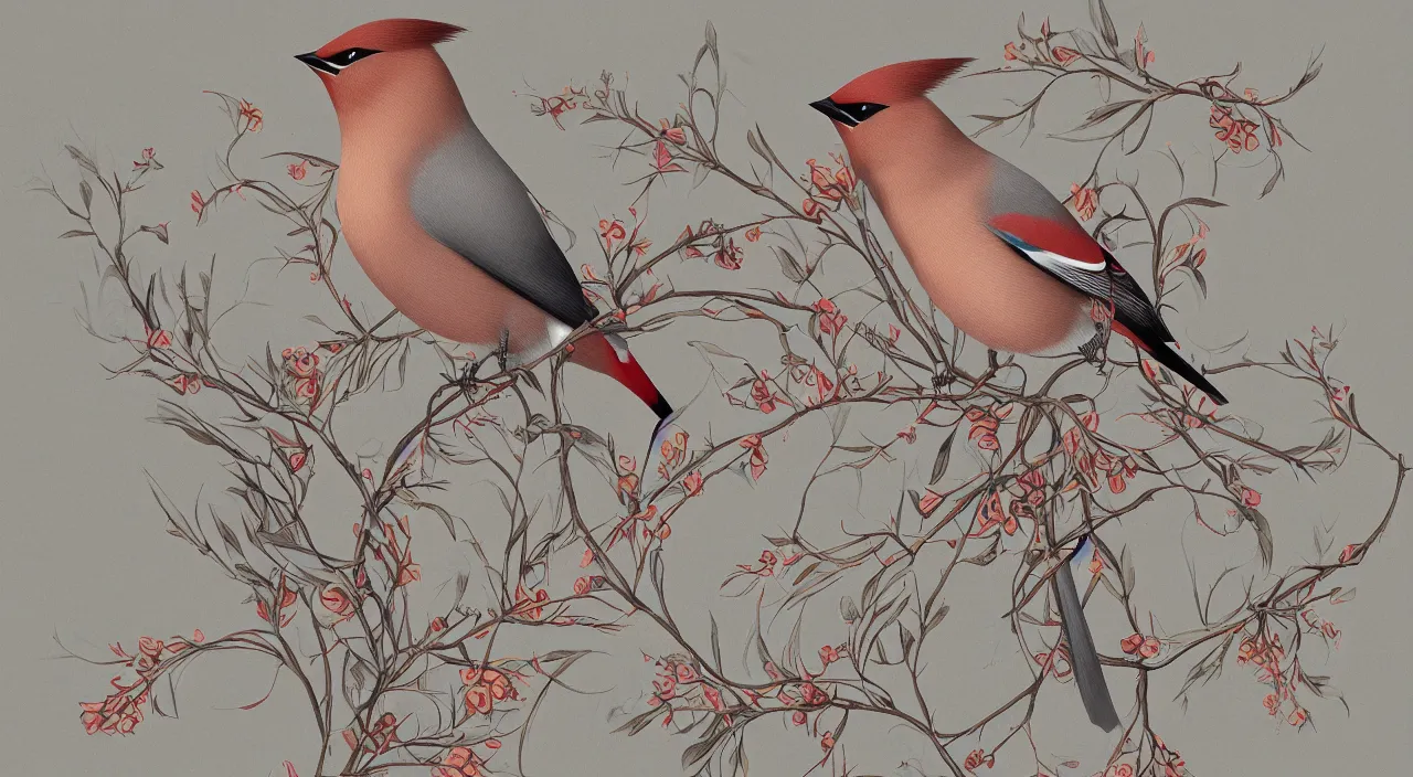 Prompt: ethereal bohemian waxwing bird, bombycilla garrulus, intricate details, ornate, detailed illustration, octane render, johanna rupprecht style, william morris style, trending on artstation