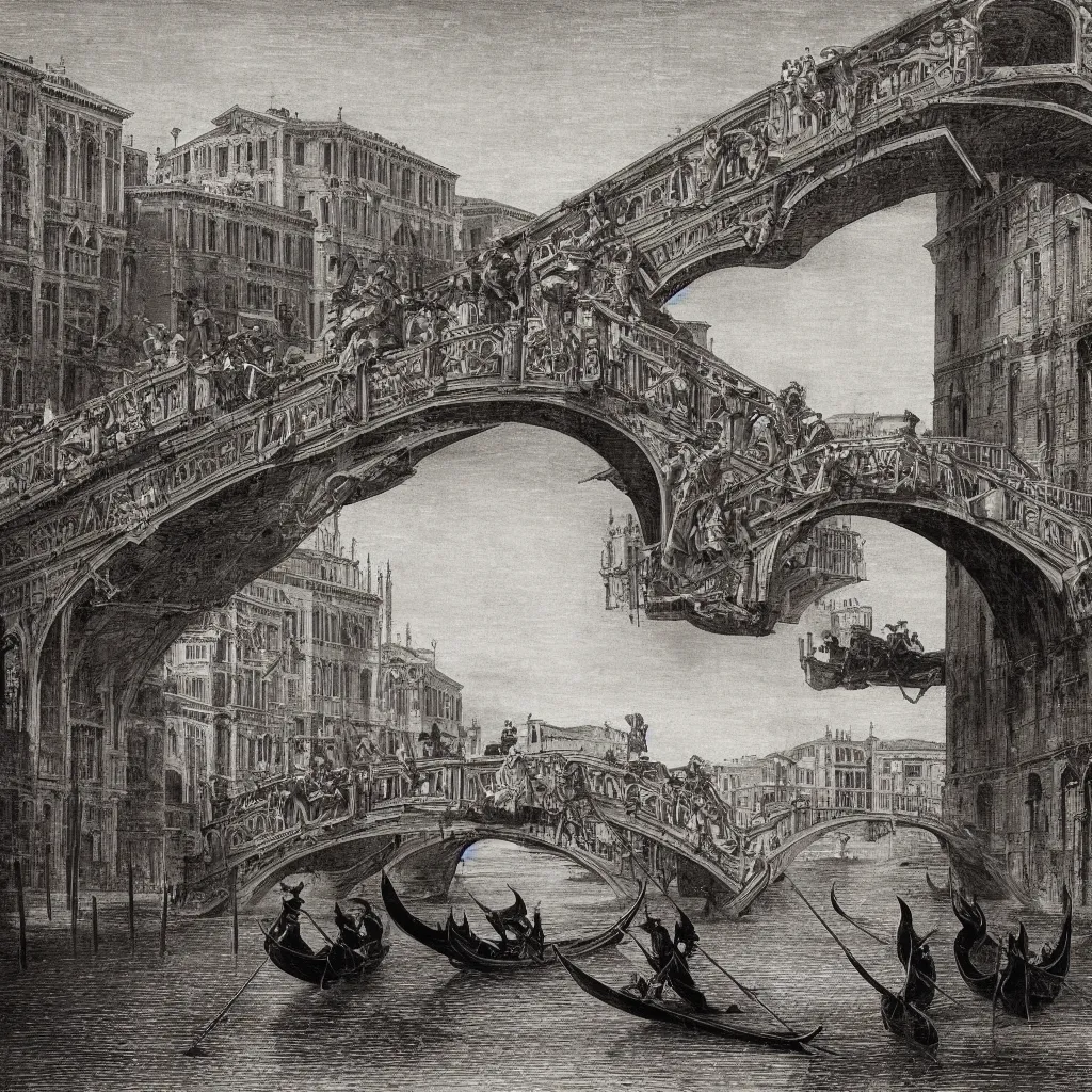 Image similar to the bridges of venice by piranesi, composition, cinematic, rule, grid