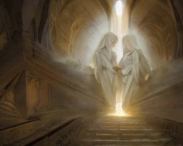 Image similar to inside a tomb, light coming in from the left, 2 angels with wings | 3 women in robes, fibonacci composition, by artgerm, greg rutkowski, craig mullins