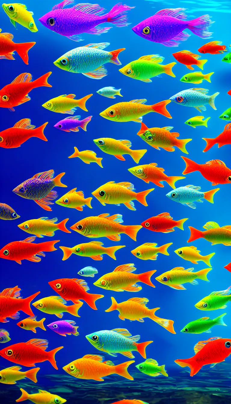 Prompt: highly detailed photo of beautiful colorful fishes under water, hyper realistic, concept art, 8 k detail post - processing