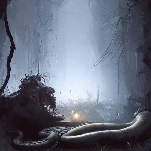 Image similar to a big anaconda in a dark grave sqeezing around a dead body, horror ,digital art,realistic,detailed,art by greg rutkowski