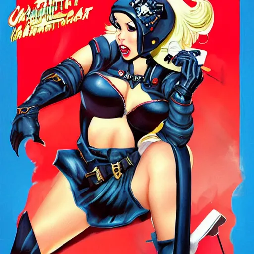 Image similar to pinup art warhammer imperial guard girl dropping bomb blond