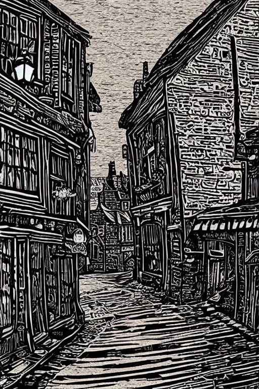 Image similar to a beautiful woodcut print of shambles and little shambles york, 8 k, frostbite 3 engine, cryengine, dof, trending on artstation, digital art, crepuscular ray, art by fossi _ images and tugboat printshop