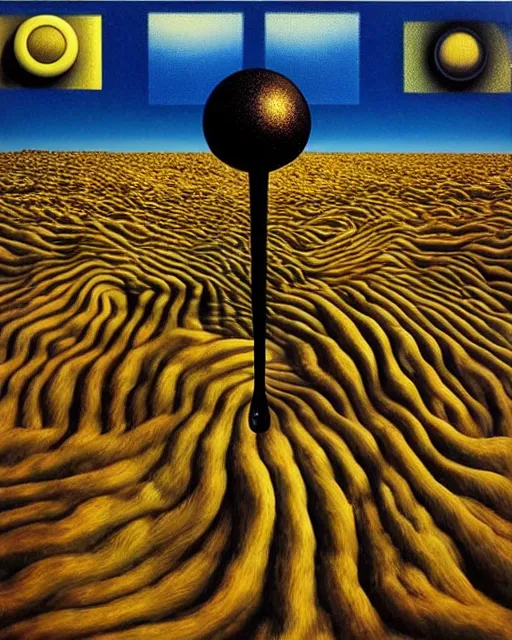 Image similar to a surrealist techno landscape made of synthesizer textures and parts, Jean-michel Jarre Oxygene, 1979, surrealist, photorealistic painting, highly detailed, moody, psychedelic, rule of thirds, golden ratio, 6:3:1