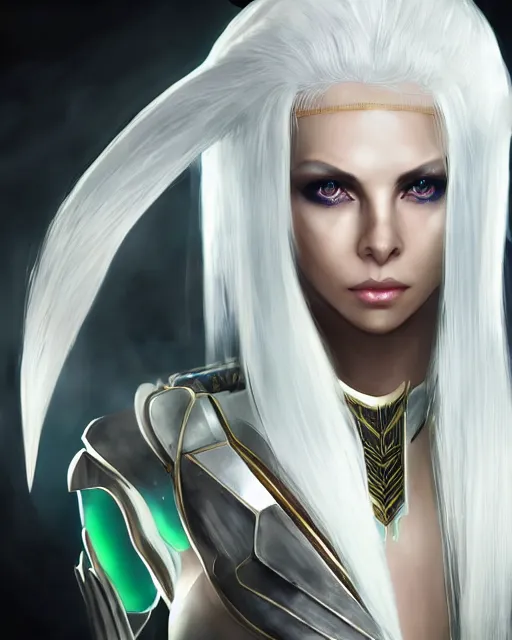 Image similar to perfect white haired attractive egyptian goddess, warframe armor, beautiful, symmetric, dreamy, half asian, pretty face, green eyes, charlize theron, detailed, scifi platform, laboratory, experiment, 4 k, ultra realistic, epic lighting, android body, illuminated, cinematic, masterpiece, art by akihito tsukushi, voidstar