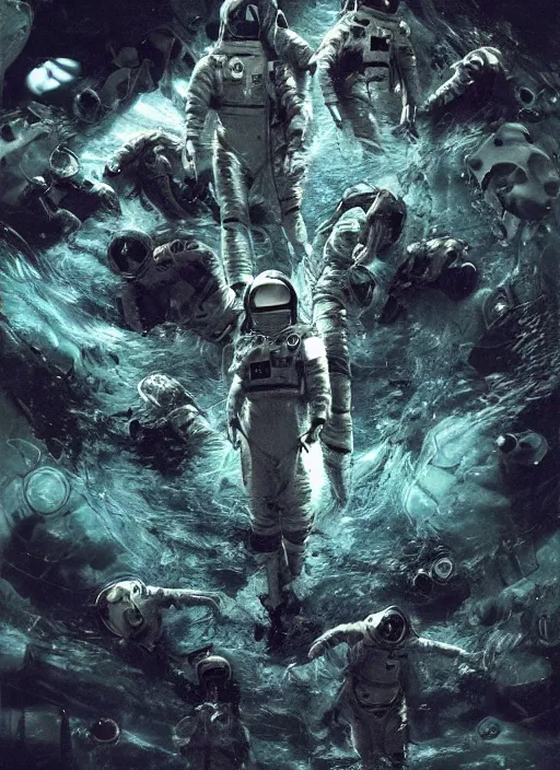 Image similar to astronauts in dark and empty void underwater - complex and hyperdetailed technical suit. reflection and dispersion materials. rays and dispersion of light. volumetric light. 5 0 mm, f / 3 2. noise film photo. flash photography. ultra realistic, wide angle. poster by wayne barlowe, hajime sorayama aaron horkey, craig mullins