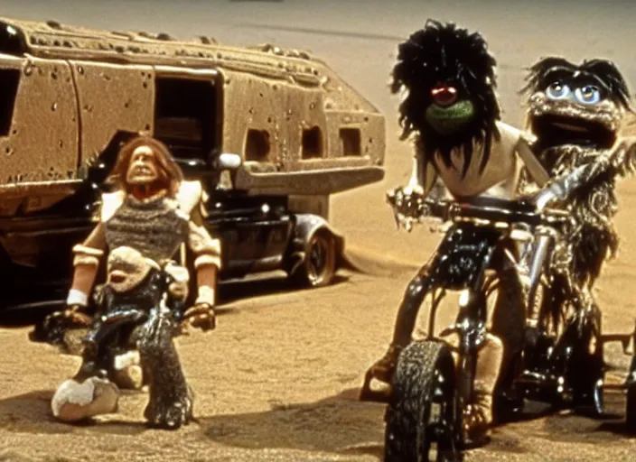 Image similar to scene from the 1979 science fiction film Muppet Mad Max