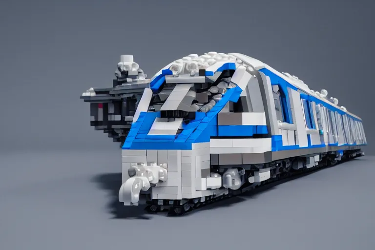 Prompt: futuristic train made out of Lego, octane render, white, grey and blue, studio light, 35mm,