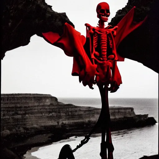 Image similar to by bruce davidson, by andrew boog faithfull redscale photography evocative. a beautiful kinetic sculpture of a horned, red - eyed, skeleton - like creature, with a long black cape, & a staff with a snake wrapped around it, standing in front of a castle atop a cliff.